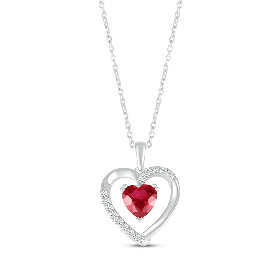Heart-Shaped Lab-Created Ruby & White Lab-Created Sapphire Necklace Sterling Silver 18”