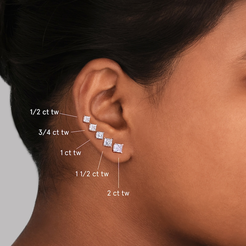 Main Image 5 of THE LEO Legacy Lab-Grown Diamond Princess-Cut Solitaire Stud Earrings 1-1/2 ct tw 14K White Gold (F/VS2)