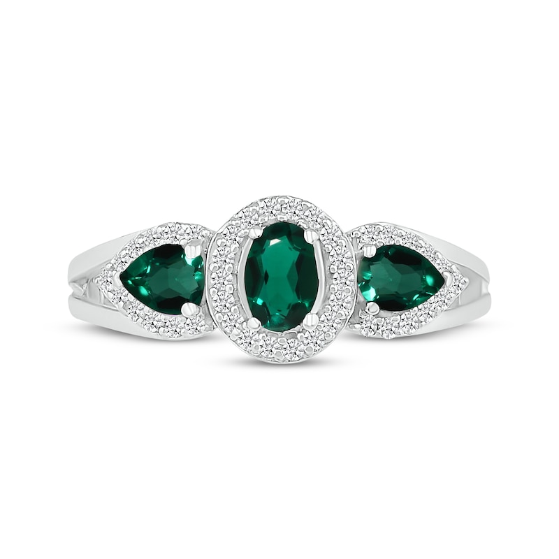 Main Image 4 of Oval-Cut & Pear-Shaped Lab-Created Emerald & White Lab-Created Sapphire Three-Stone Ring Sterling Silver