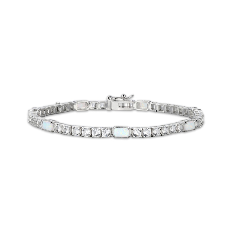 Main Image 1 of Emerald-Cut Lab-Created Opal & White Lab-Created Sapphire Station Bracelet Sterling Silver 7.25"