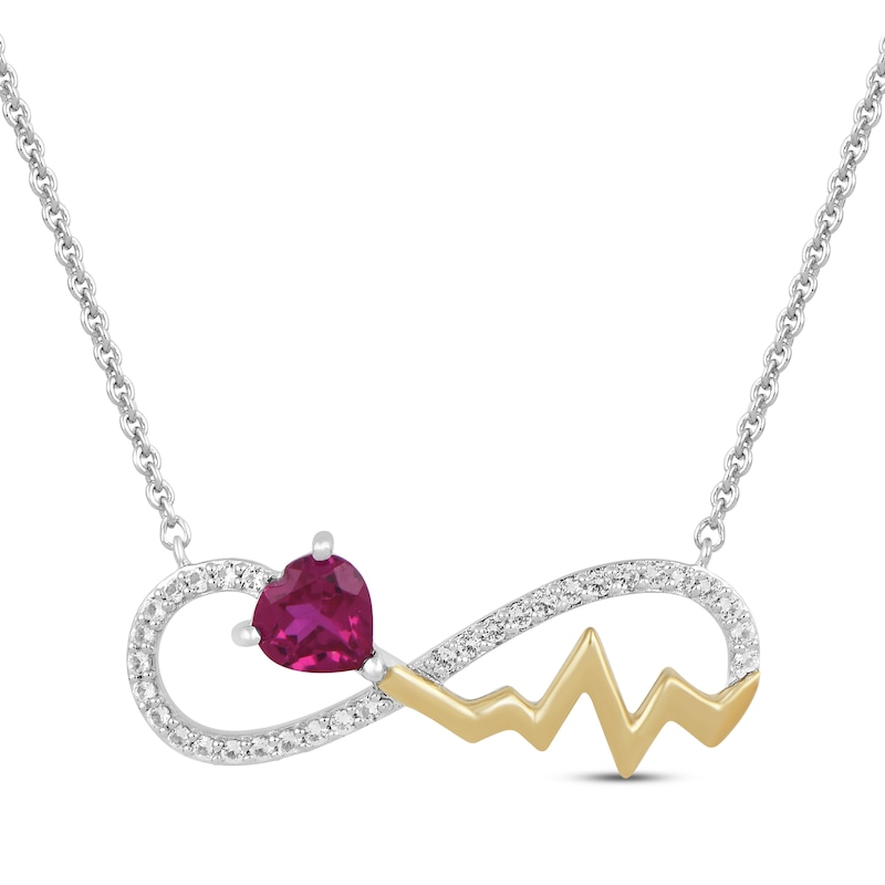 Main Image 1 of Heart-Shaped Lab-Created Ruby & White Lab-Created Sapphire Heartbeat Necklace Sterling Silver & 10K Yellow Gold 18"