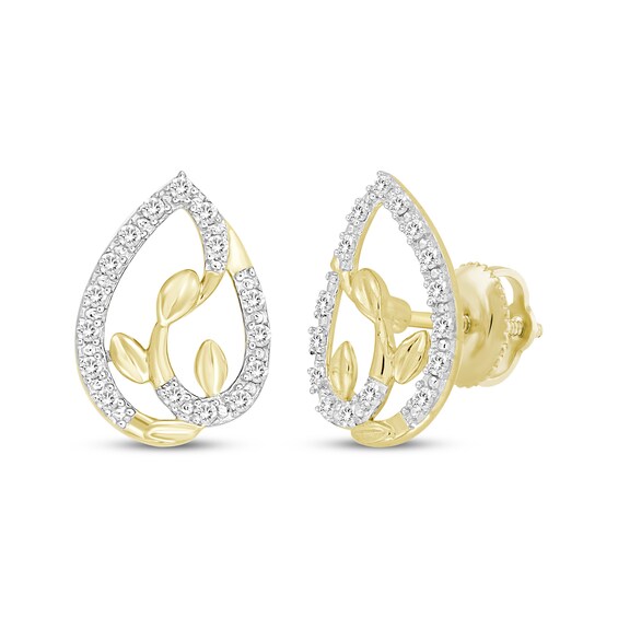 Diamond Leaf Teardrop Frame Earrings 1/5 ct tw 10K Yellow Gold