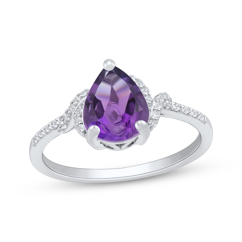 Main Image 1 of Pear-Shaped Amethyst & White Lab-Created Sapphire Ring Sterling Silver