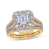 Thumbnail Image 1 of Adore Square Emerald-Cut Lab-Grown Diamond Halo Split Shank Bridal Set 3 ct tw 14K Yellow Gold
