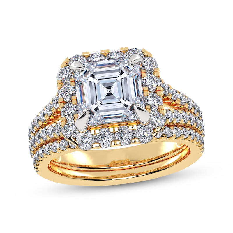 Main Image 1 of Adore Square Emerald-Cut Lab-Grown Diamond Halo Split Shank Bridal Set 3 ct tw 14K Yellow Gold