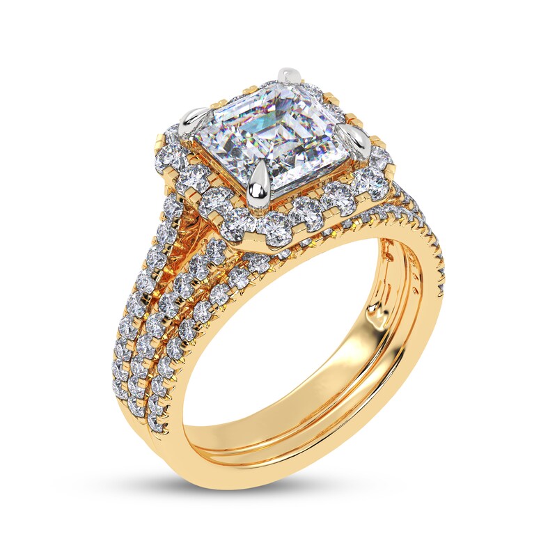 Main Image 2 of Adore Square Emerald-Cut Lab-Grown Diamond Halo Split Shank Bridal Set 3 ct tw 14K Yellow Gold