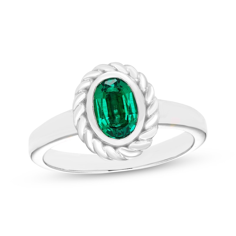Main Image 1 of Oval-Cut Lab-Created Emerald Solitaire Twist Frame Ring Sterling Silver
