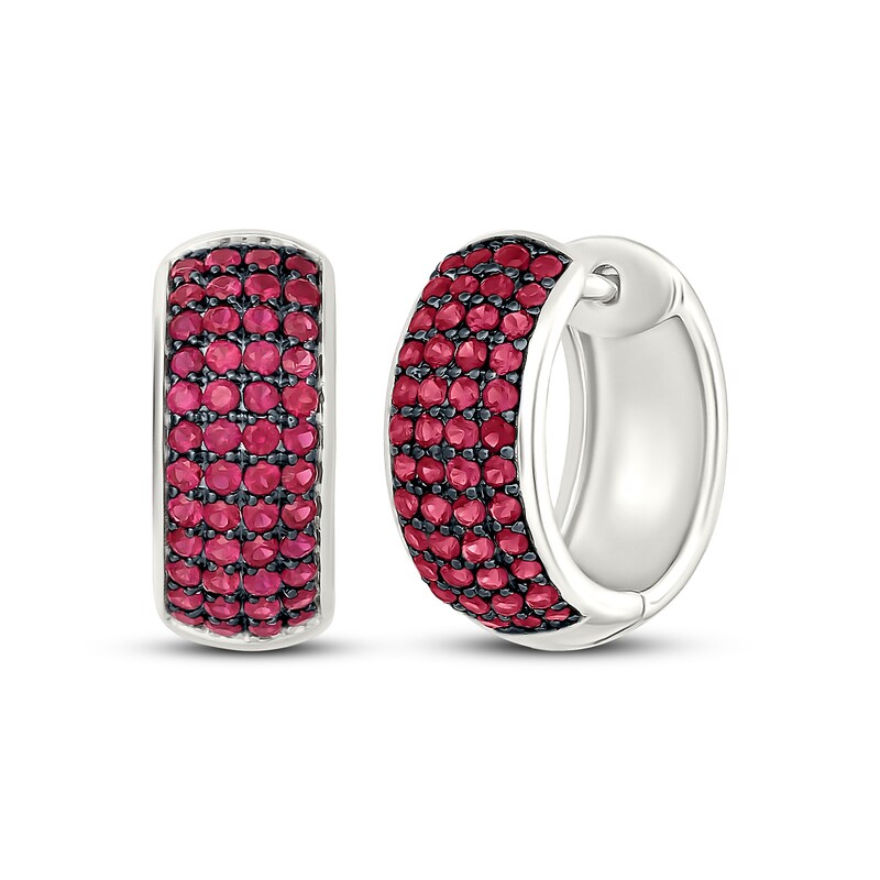 Main Image 1 of Men's Lab-Created Ruby Huggie Hoop Earrings Sterling Silver