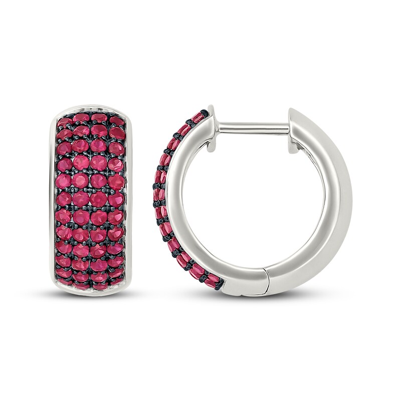 Main Image 3 of Men's Lab-Created Ruby Huggie Hoop Earrings Sterling Silver