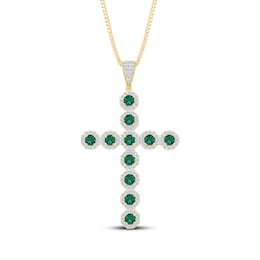 Men's Green Lab-Created Emerald & White Lab-Created Sapphire Cross Necklace 10K Yellow Gold 22"