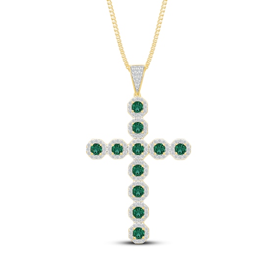 Men's Green Lab-Created Emerald & White Lab-Created Sapphire Cross Necklace 10K Yellow Gold 22"