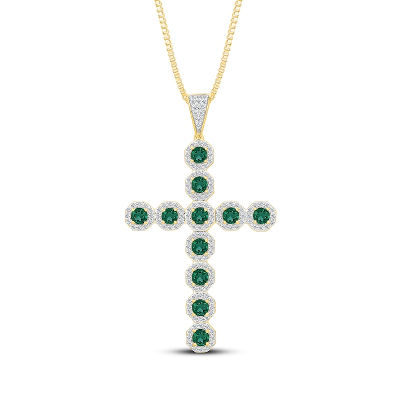 Main Image 1 of Men's Green Lab-Created Emerald & White Lab-Created Sapphire Cross Necklace 10K Yellow Gold 22"