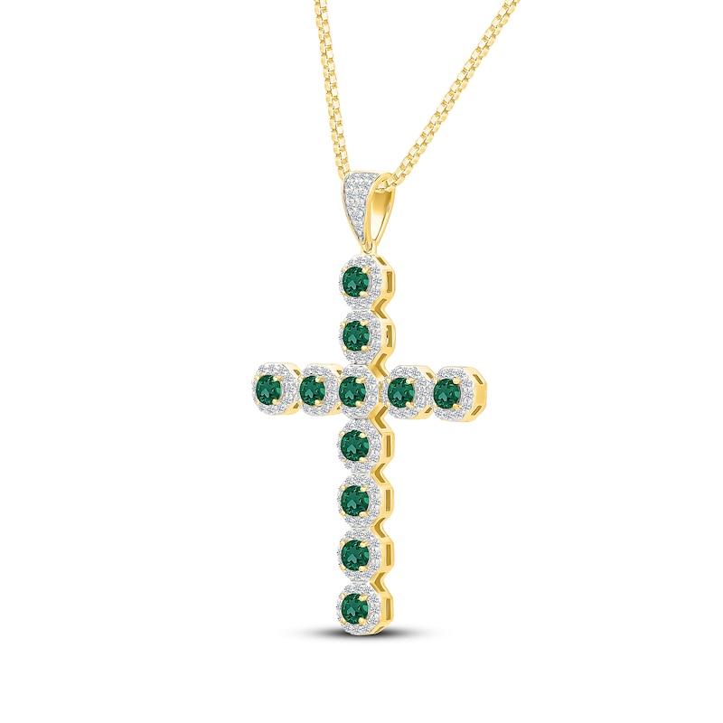Main Image 2 of Men's Green Lab-Created Emerald & White Lab-Created Sapphire Cross Necklace 10K Yellow Gold 22"