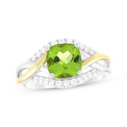 Cushion-Cut Peridot & White Lab-Created Sapphire Ring Sterling Silver & 10K Yellow Gold