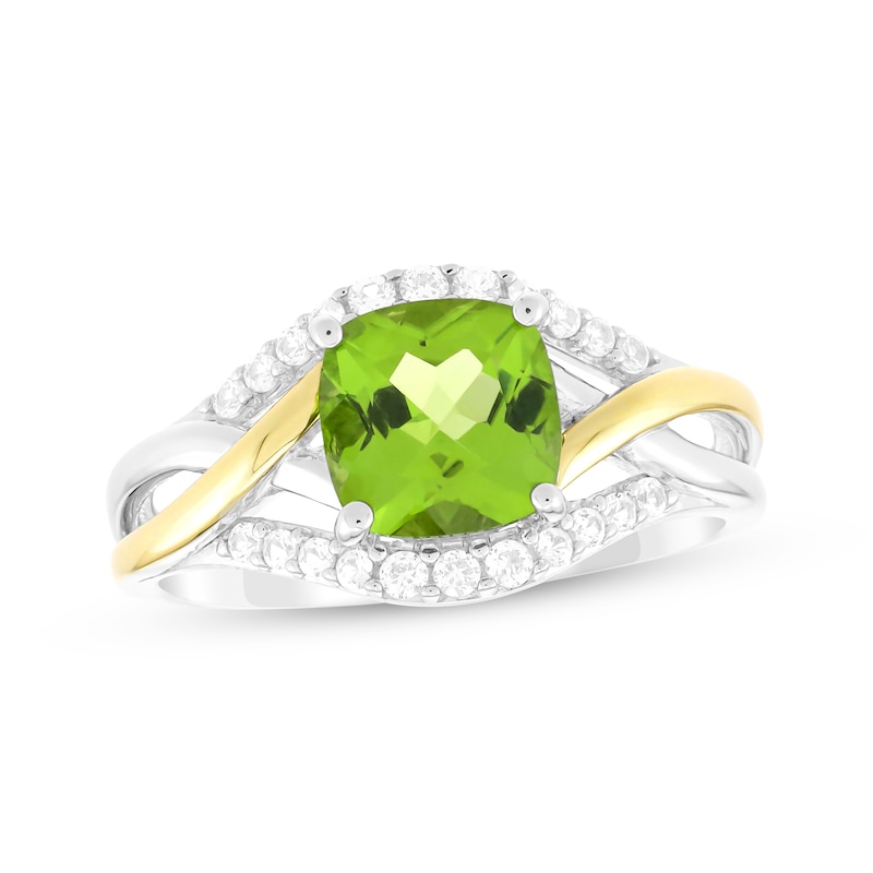 Main Image 1 of Cushion-Cut Peridot & White Lab-Created Sapphire Ring Sterling Silver & 10K Yellow Gold