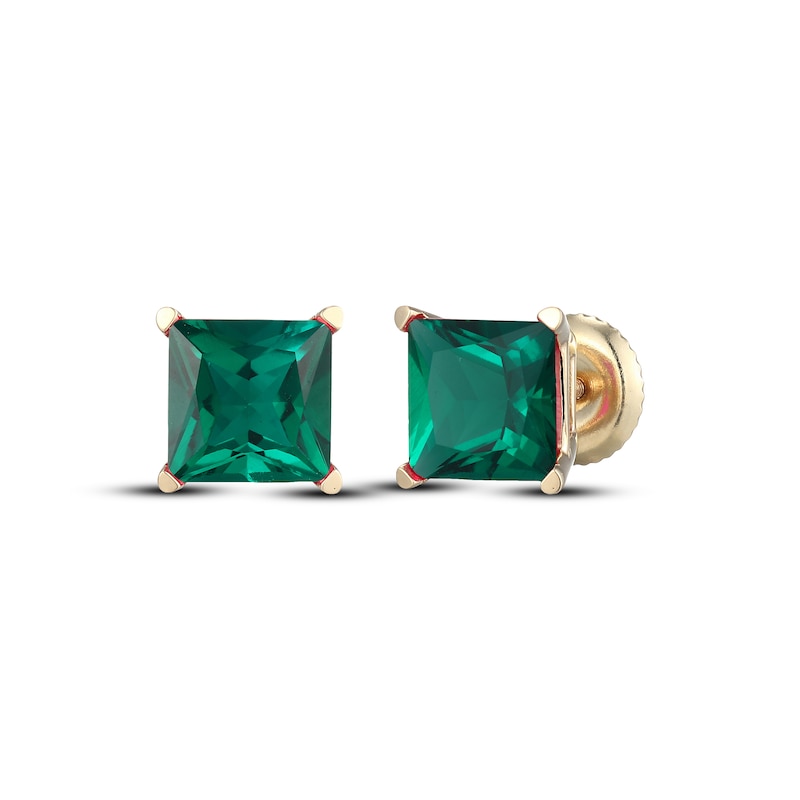Main Image 1 of Men's Square-Cut Lab-Created Emerald Solitaire Stud Earrings 10K Yellow Gold