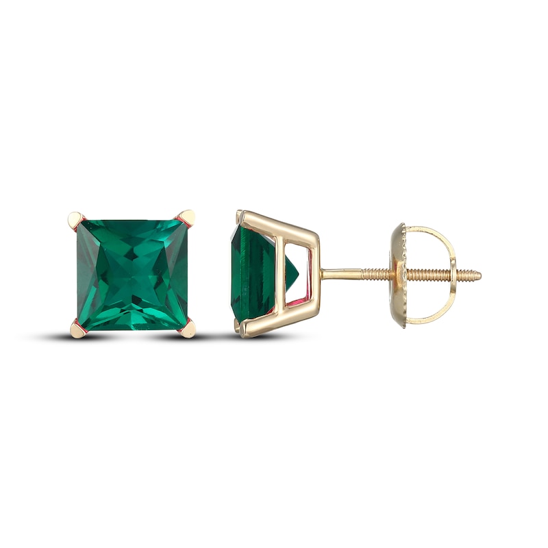 Main Image 3 of Men's Square-Cut Lab-Created Emerald Solitaire Stud Earrings 10K Yellow Gold