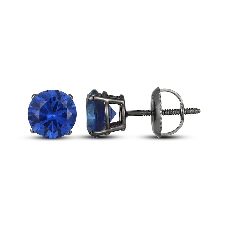 Main Image 3 of Men's Blue Lab-Created Sapphire Solitaire Stud Earrings Matte Gunmetal-Plated Sterling Silver