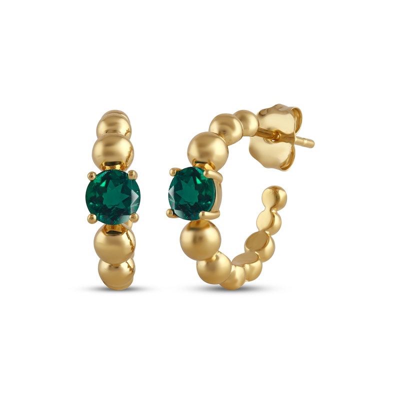 Main Image 1 of Lab-Created Emerald Solitaire Beaded Hoop Earrings 24K Yellow Gold Vermeil Sterling Silver