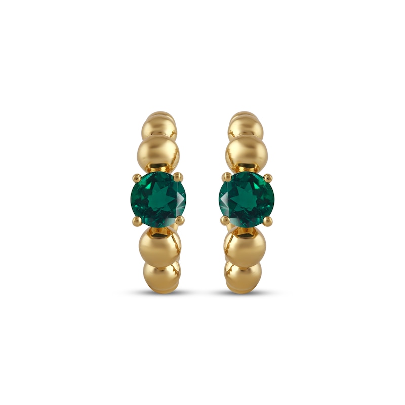 Main Image 2 of Lab-Created Emerald Solitaire Beaded Hoop Earrings 24K Yellow Gold Vermeil Sterling Silver