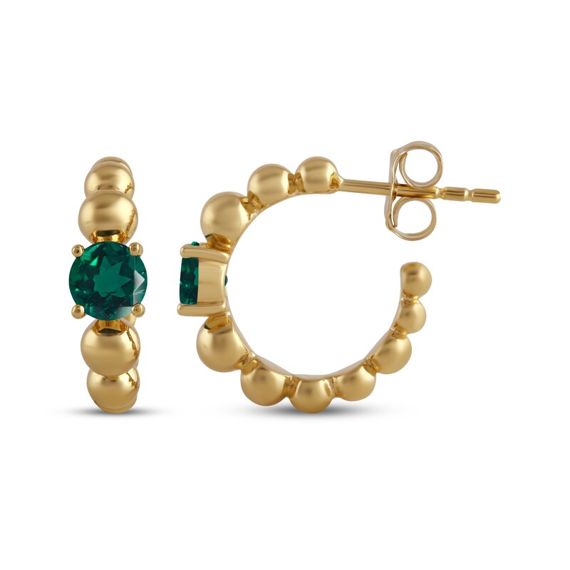 Main Image 3 of Lab-Created Emerald Solitaire Beaded Hoop Earrings 24K Yellow Gold Vermeil Sterling Silver