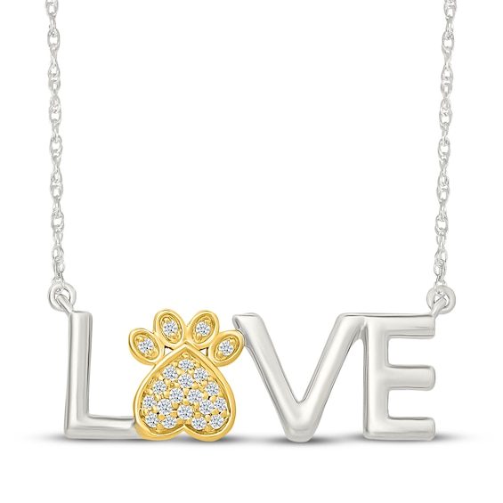 Diamond "Love" Paw Print Necklace 1/15 ct tw Sterling Silver & 10K Yellow Gold 18"
