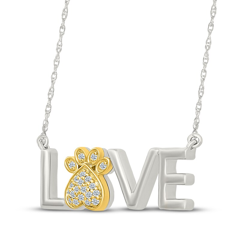 Main Image 2 of Diamond "Love" Paw Print Necklace 1/15 ct tw Sterling Silver & 10K Yellow Gold 18"