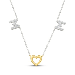 Diamond "Mom" Heart Station Necklace 1/8 ct tw Sterling Silver & 10K Yellow Gold 18"