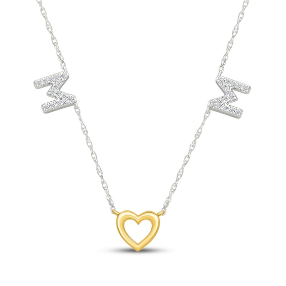 Diamond "Mom" Heart Station Necklace 1/8 ct tw Sterling Silver & 10K Yellow Gold 18"