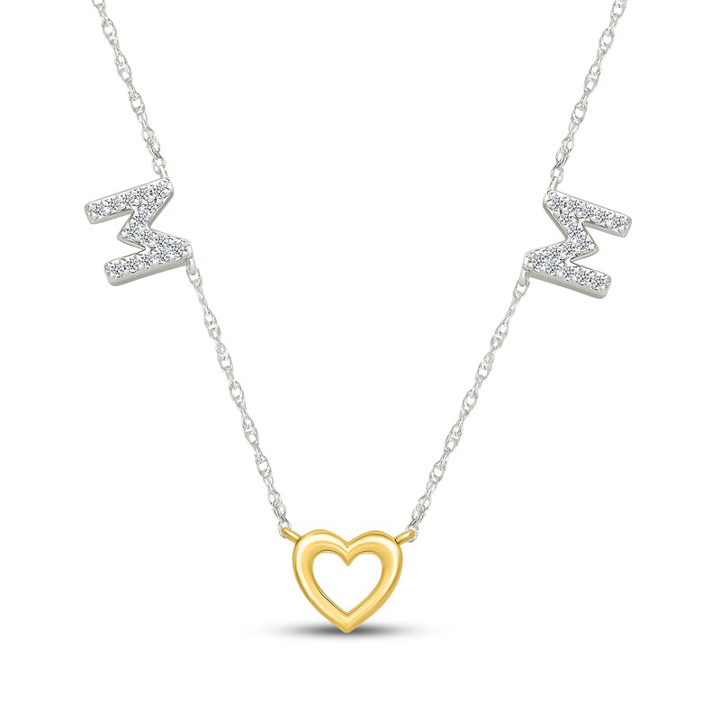 Main Image 1 of Diamond "Mom" Heart Station Necklace 1/8 ct tw Sterling Silver & 10K Yellow Gold 18"