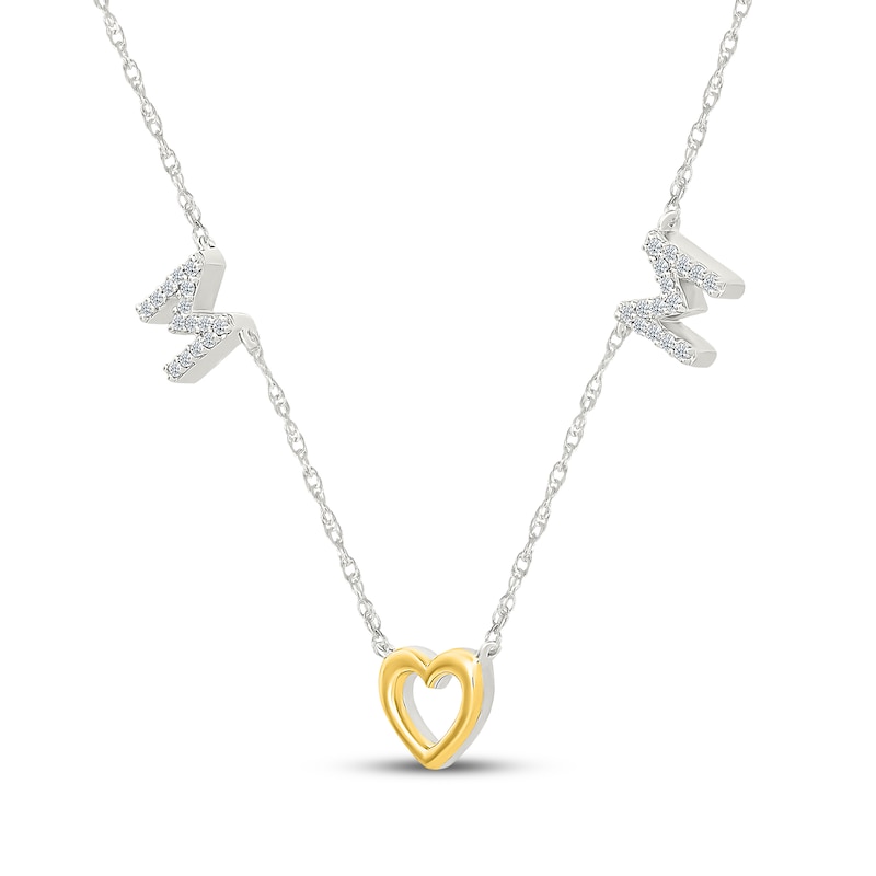 Main Image 2 of Diamond "Mom" Heart Station Necklace 1/8 ct tw Sterling Silver & 10K Yellow Gold 18"