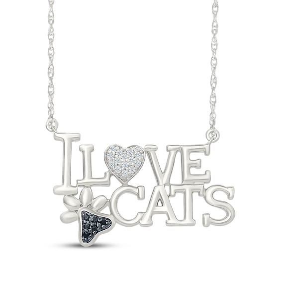 Black & White Diamond "I Love Cats" Paw & Heart Necklace 1/15 ct tw Sterling Silver 18"