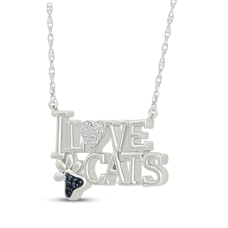 Main Image 2 of Black & White Diamond "I Love Cats" Paw & Heart Necklace 1/15 ct tw Sterling Silver 18"