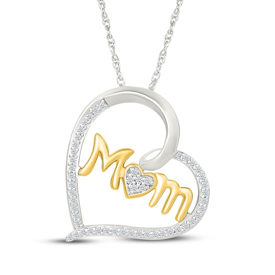 Diamond "Mom" Heart Necklace 1/5 ct tw Sterling Silver & 10K Yellow Gold 18"