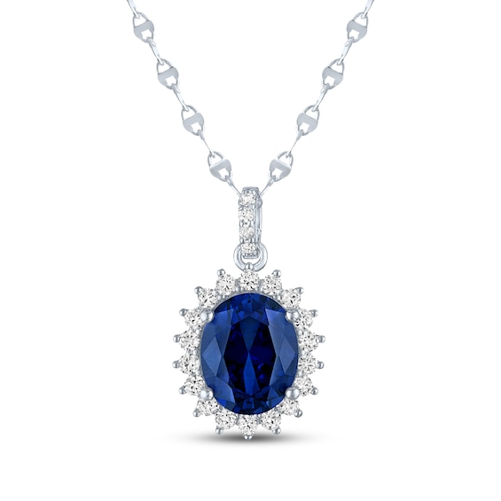 Oval-Cut Blue Lab-Created Sapphire & White Lab-Created Sapphire Starburst Halo Necklace Sterling Silver 18"