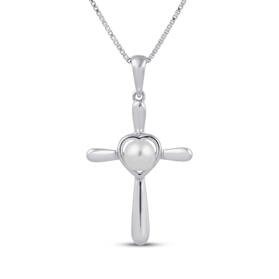 Button Cultured Pearl Cross Necklace Sterling Silver 18"