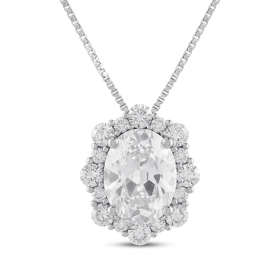 Oval-Cut White Lab-Created Sapphire Halo Necklace Sterling Silver 18"