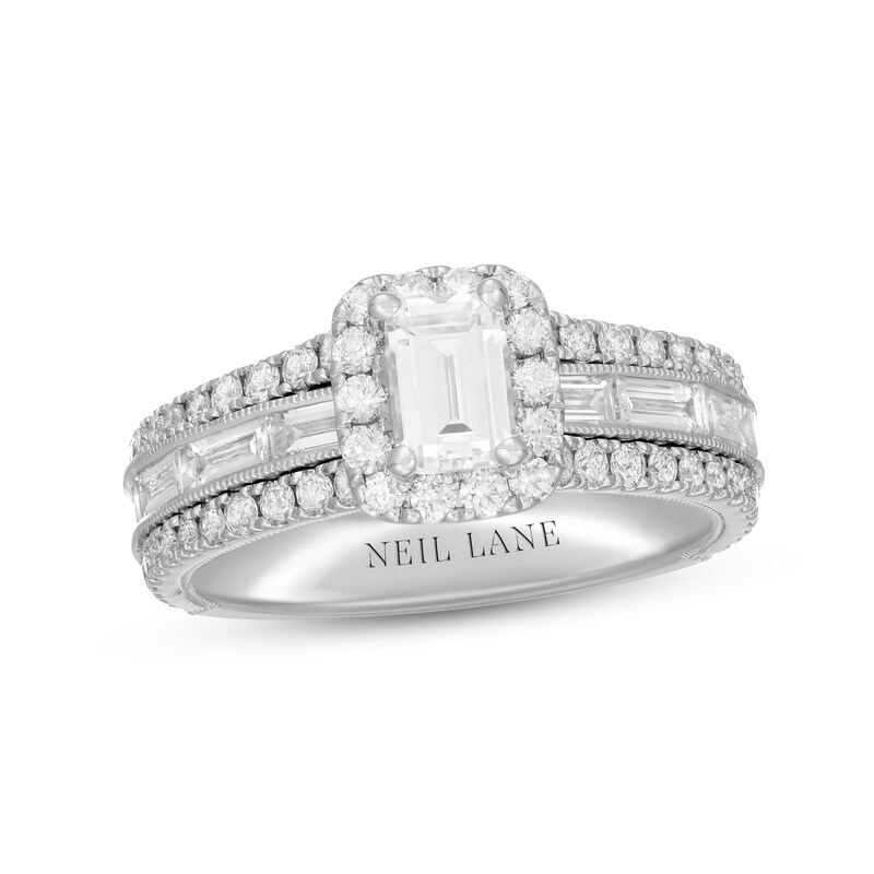 Neil Lane Diamond Engagement Ring 1-7/8 ct tw Emerald, Round & Baguette-cut 14K White Gold