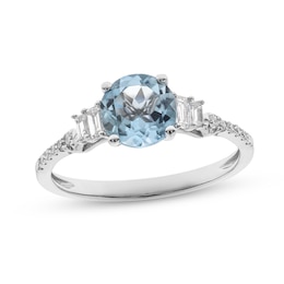 Aquamarine & Diamond Engagement Ring 1/4 ct tw Round & Baguette-cut 14K White Gold