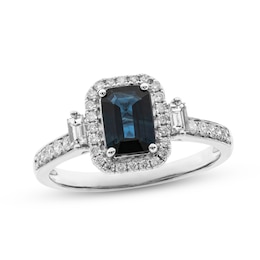 Blue Sapphire & Diamond Engagement Ring 1/3 ct tw Emerald & Round-cut 14K White Gold