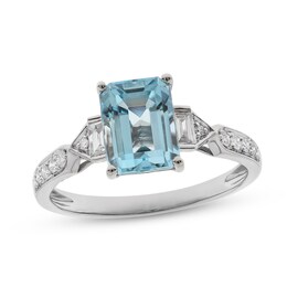 Aquamarine & Diamond Engagement Ring 1/4 ct tw Emerald, Baguette & Round-cut 14K White Gold