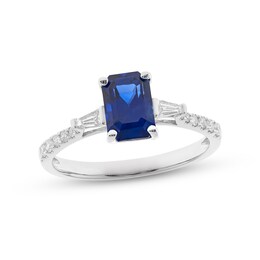 Blue Sapphire & Diamond Engagement Ring 1/5 ct tw Emerald, Baguette & Round-cut 14K White Gold
