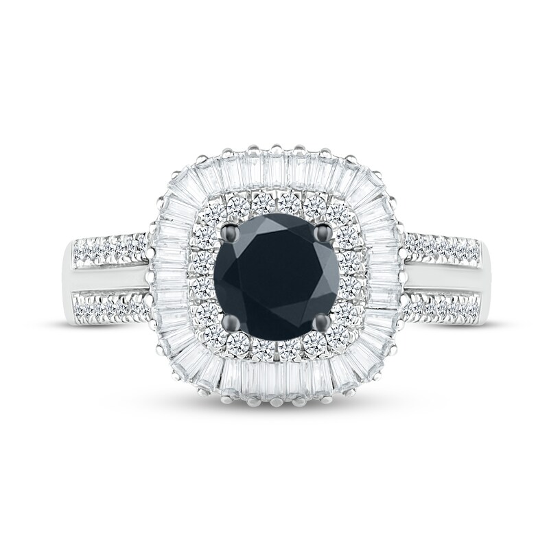 Black & White Diamond Engagement Ring 1-1/4 ct tw Round & Baguette-cut 10K White Gold