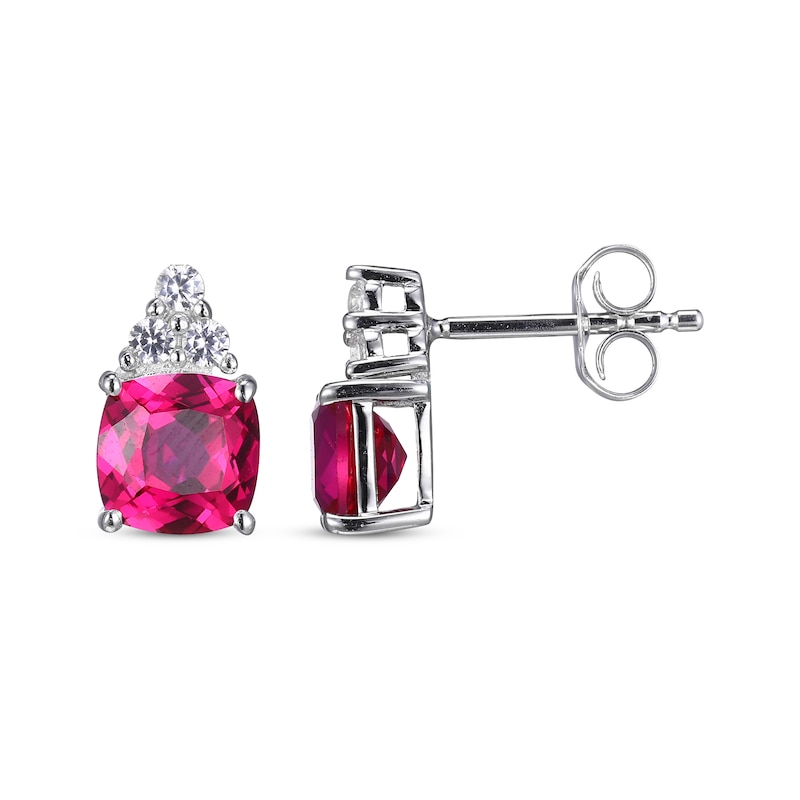 Cushion-Cut Lab-Created Ruby & Round-Cut White Lab-Created Sapphire Stud Earrings Sterling Silver