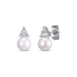 Cultured Pearl & Round-Cut White Lab-Created Sapphire Stud Earrings Sterling Silver