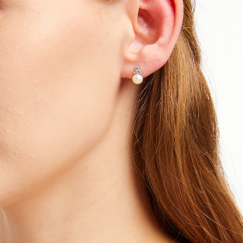 Cultured Pearl & Round-Cut White Lab-Created Sapphire Stud Earrings Sterling Silver