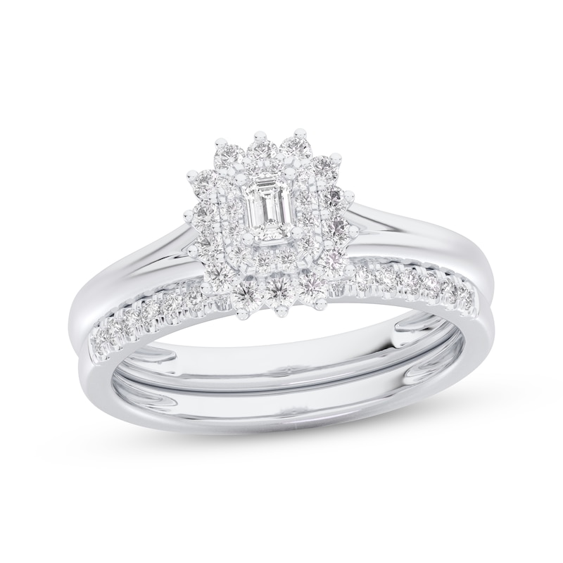 Main Image 1 of Adore Emerald-Cut Diamond Starburst Halo Bridal Set 1/2 ct tw 14K White Gold