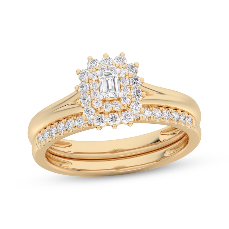 Emerald-Cut Diamond Starburst Halo Bridal Set 1/2 ct tw 14K Yellow Gold ...