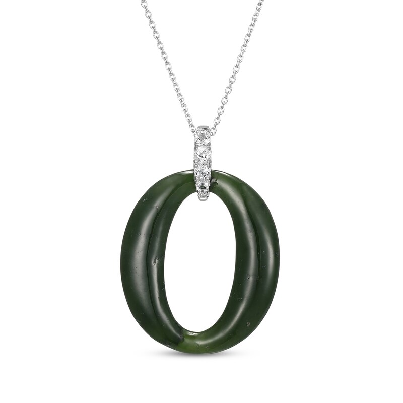 Main Image 1 of Nephrite Jade & White Topaz Loop Drop Necklace Sterling Silver 18"