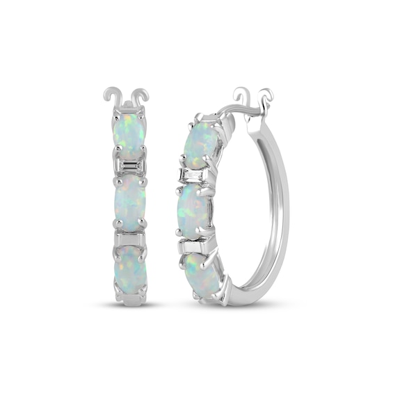 Oval-Cut Lab-Created Opal & Diamond Accent Hoop Earrings Sterling Silver